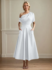 A Line Satin One Shoulder Pleated Ankle Length Mother of the Bride Dress