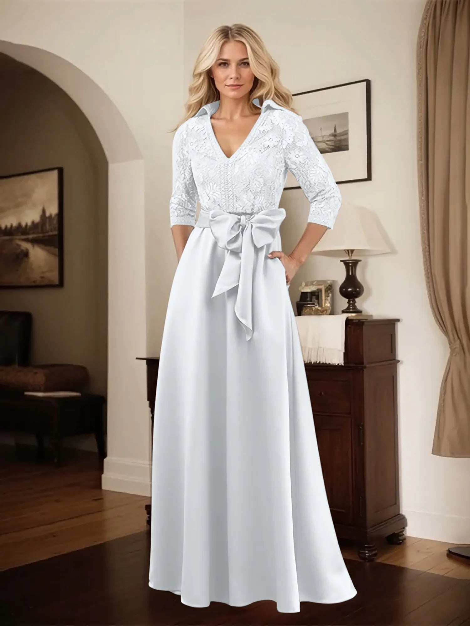 Classic V-Neck Bow Accented Satin Mother Of The Bride Dress With Lace