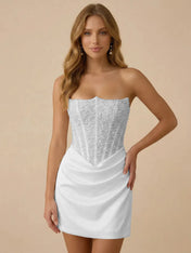 White Strapless Sequin Beaded Satin Short Homecoming Dress with Corset