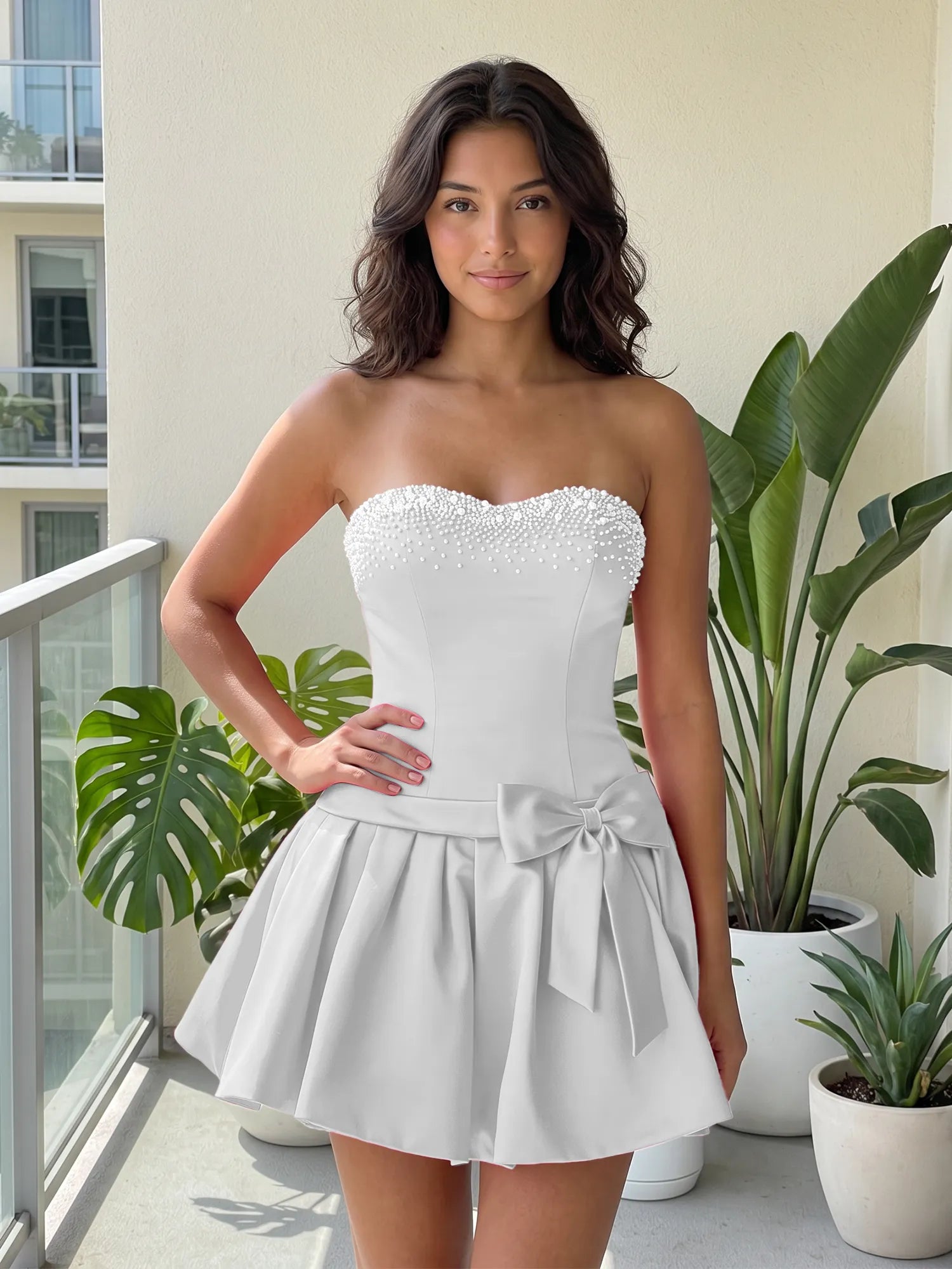 Fuchsia Pearl Corset Short Homecoming Dresses Large Waist Bow Lace Up Back