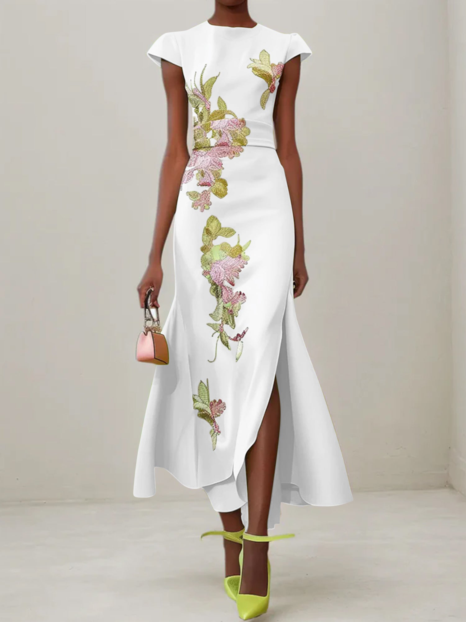 Green Floral Embroidered Cap Sleeve Slit Sheath Maxi Dress