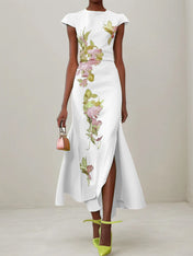 Green Floral Embroidered Cap Sleeve Slit Sheath Maxi Dress