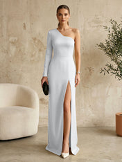 Long Sleeves Black One Shoulder Formal Dress Evening Gown