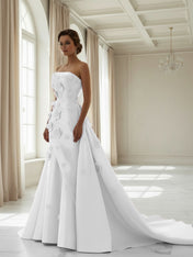 Pink A Line Satin Strapless Prom Dress with 3D Floral Appliques