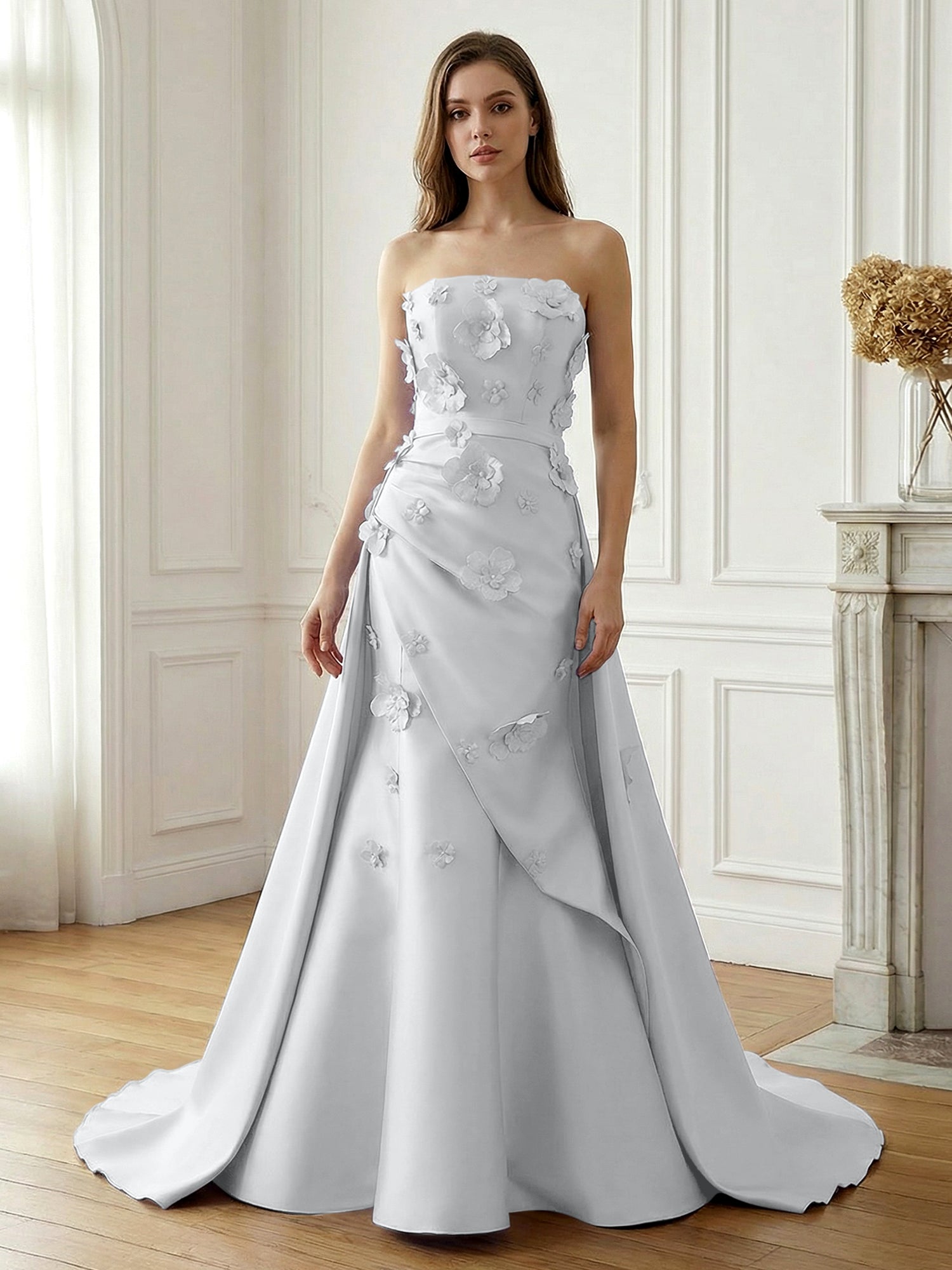 Lavender Satin 3D Floral Strapless A-Line Gown