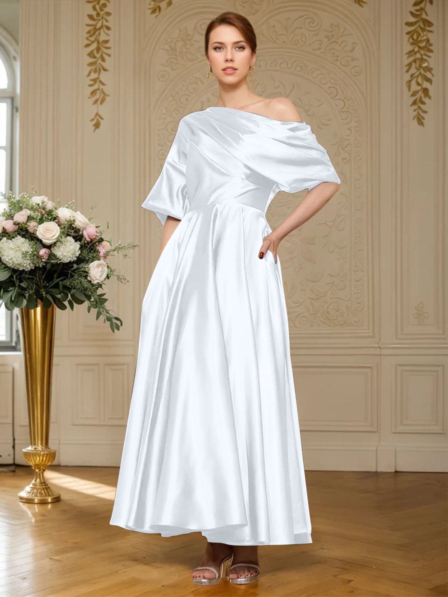 A-line Short Sleeves Pleated Ankle-Length Silk like Satin Mother of the Bride Dress