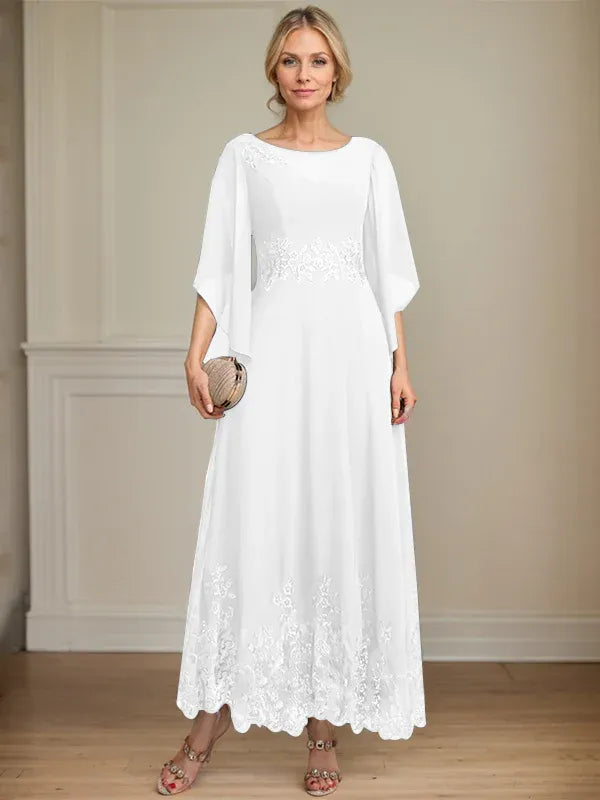 A-line Scoop Illusion Ankle-Length Lace Chiffon Mother of the Bride Dress With Sequins