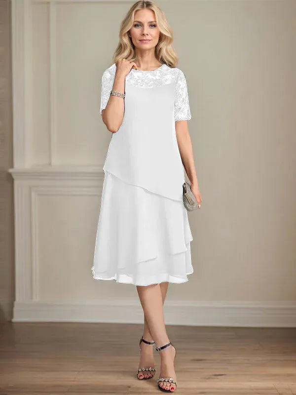 A-line Scoop Illusion Knee-Length Lace Chiffon Mother of the Bride Dress With Sequins