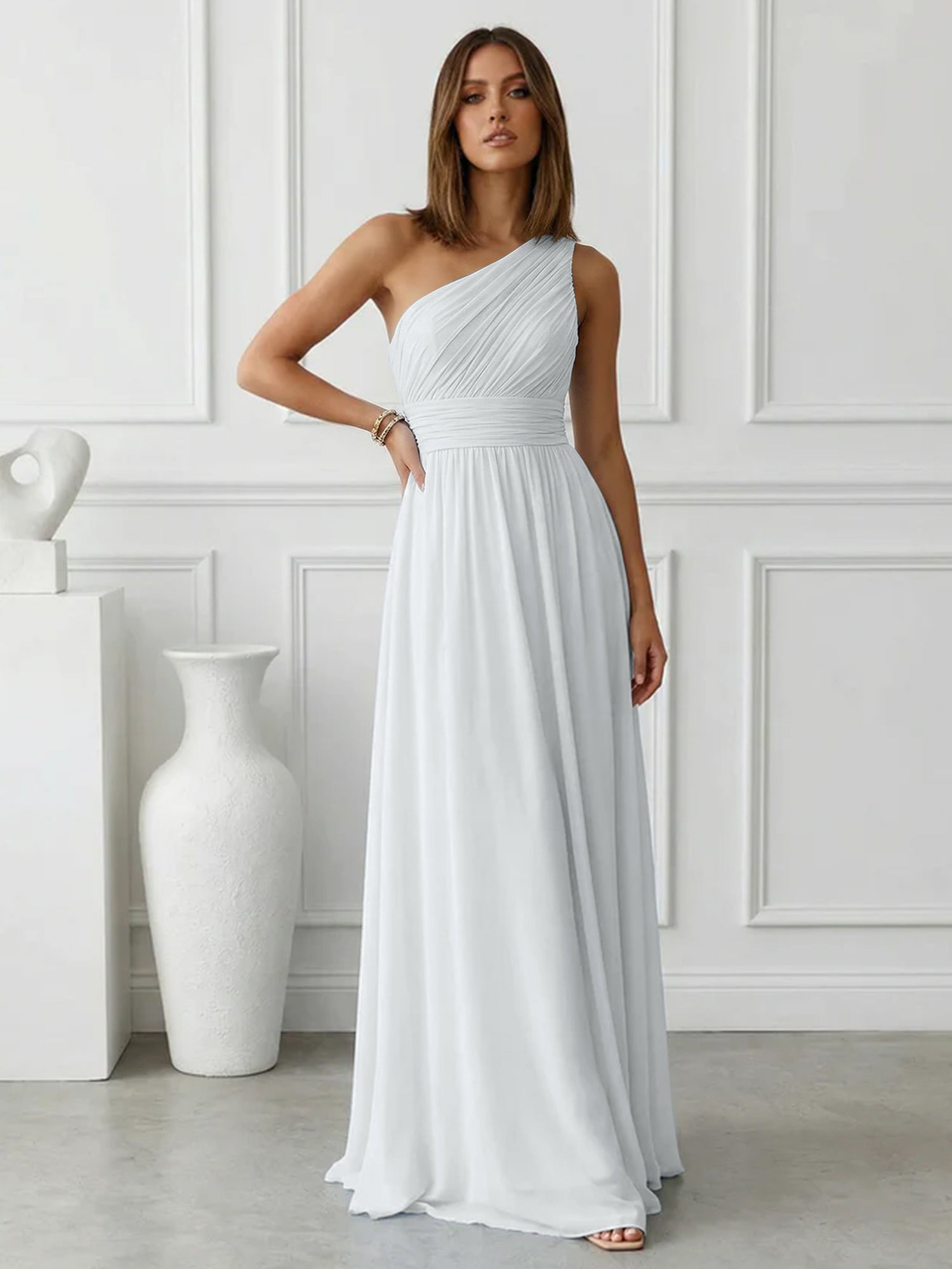 Timeless Light Blue One-Shoulder Maxi Dress Ruched Chiffon Gown