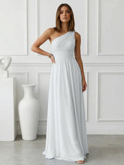 Timeless Light Blue One-Shoulder Maxi Dress Ruched Chiffon Gown