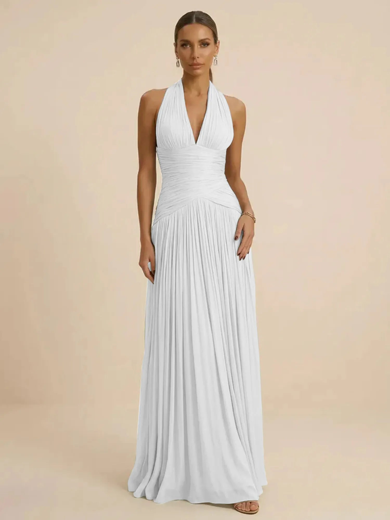 Sage Green Halter Neck Pleated Chiffon Evening Gown with Ruched