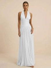 Sage Green Halter Neck Pleated Chiffon Evening Gown with Ruched