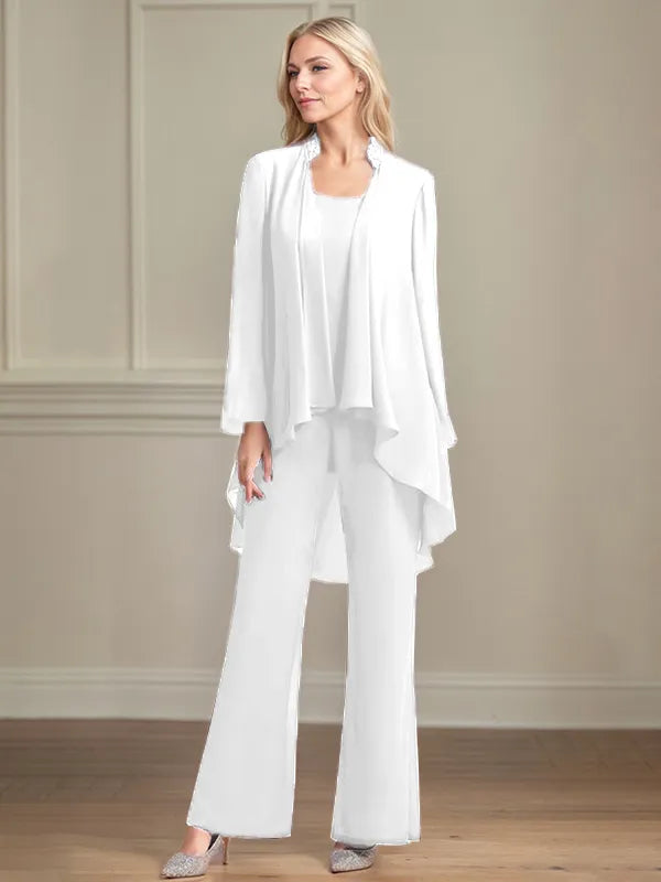 Chiffon Scoop Neck Long Sleeves Floor Length Mother Of The Bride Pantsuits