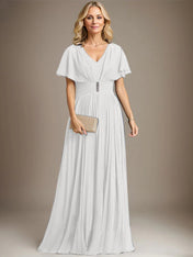 A-line V-Neck Floor-Length Chiffon Mother of the Bride Dress With Crystal Brooch Pleated