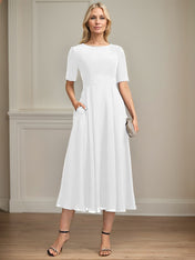 A-line Scoop Tea-Length Chiffon Mother of the Bride Dress With Appliques Lace Sequins