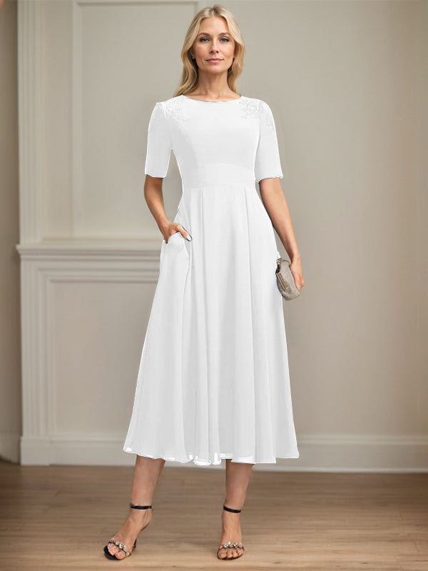 A-line Scoop Tea-Length Chiffon Mother of the Bride Dress With Appliques Lace Sequins