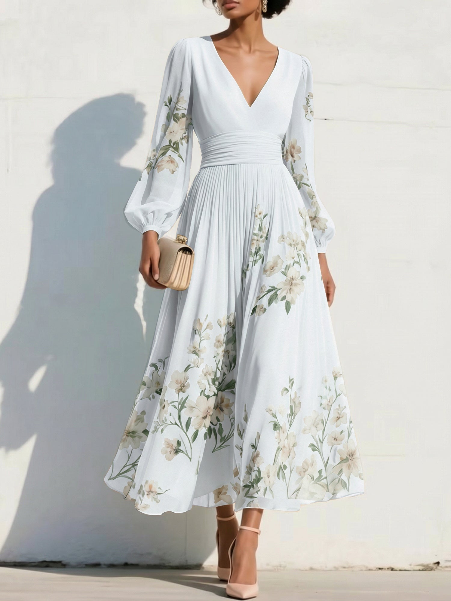 Elegant Floral V-Neck Pleated Midi Dress with Long Sleeves