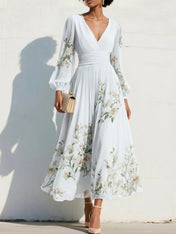 Elegant Floral V-Neck Pleated Midi Dress with Long Sleeves