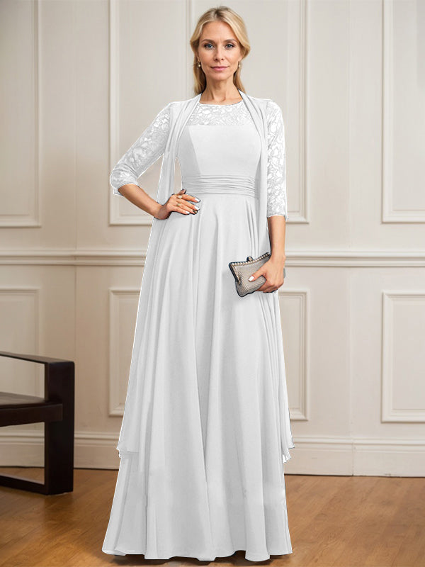A-line Scoop Illusion Floor-Length Lace Chiffon Mother of the Bride Dress With Pleated