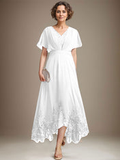 A-line V-Neck Asymmetrical Lace Chiffon Mother of the Bride Dress With Pleated