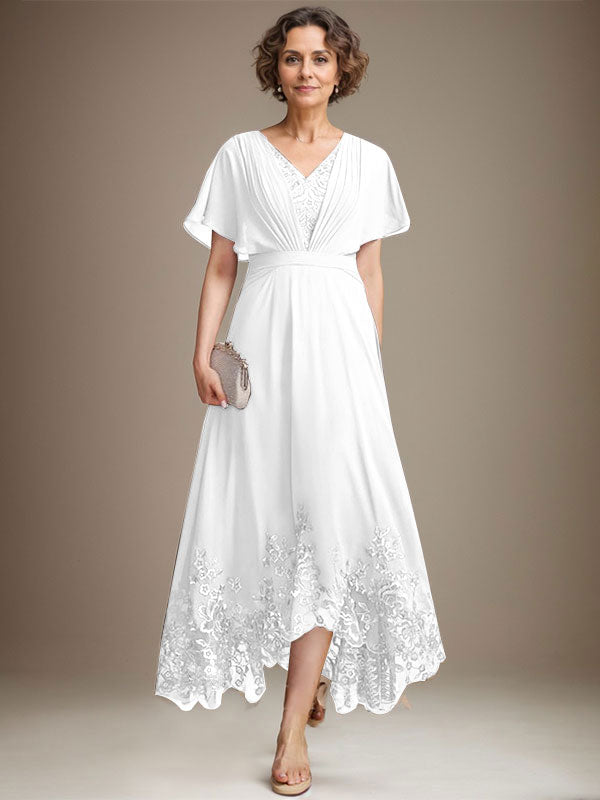 A-line V-Neck Asymmetrical Lace Chiffon Mother of the Bride Dress With Pleated