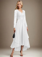 A-line V-Neck Asymmetrical Lace Chiffon Mother of the Bride Dress