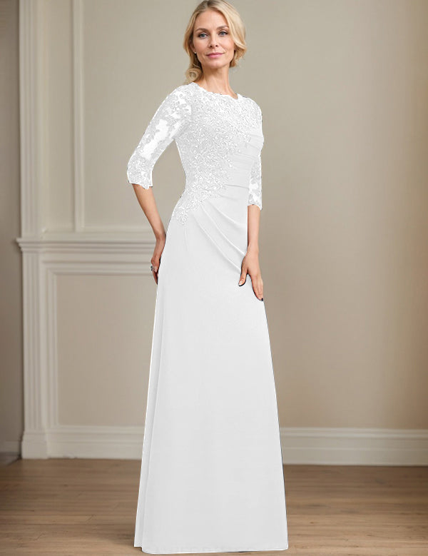 Robe de mère de la mariée trapèze en mousseline de soie et dentelle, longueur au sol, avec perles et paillettes plissées