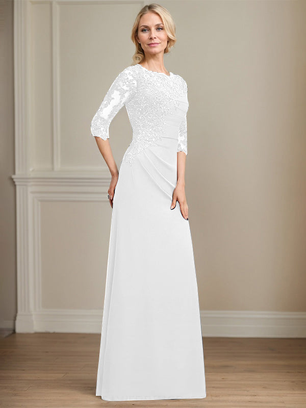 A-line Scoop Floor-Length Chiffon Lace Mother of the Bride Dress With Beading Pleated Sequins