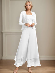 Robe de mère de la mariée en mousseline de soie, longueur cheville, avec sequins, combinaison/tailleur carré 