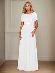 A Line Chiffon Boat Neck Short Sleeves Floor Length Mother of the Bride Dresses