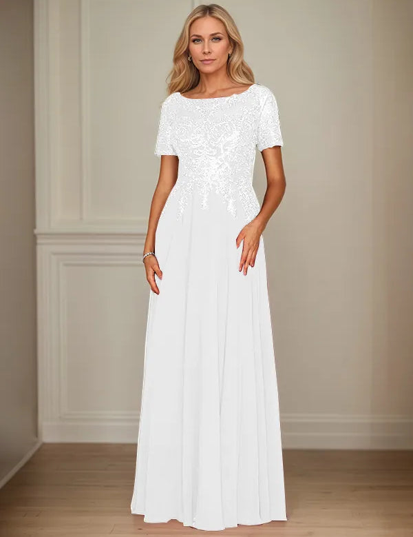 A Line Chiffon Boat Neck Short Sleeves Floor Length Mother of the Bride Dresses