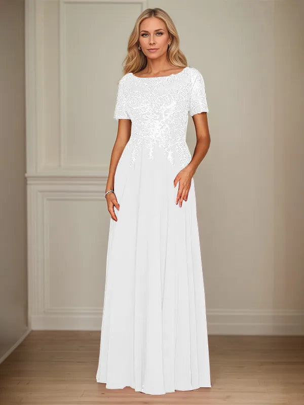 A Line Chiffon Boat Neck Short Sleeves Floor Length Mother of the Bride Dresses