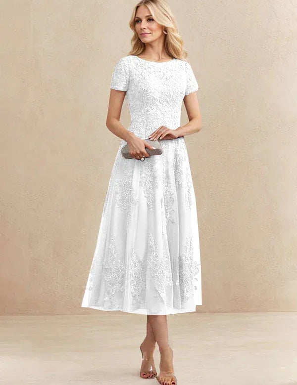 A-line Scoop Tea-Length Tulle Lace Mother of the Bride Dress