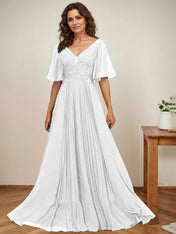 A-line V-Neck Floor-Length Chiffon Mother of the Bride Dress With Sequins Appliques Lace Pleated