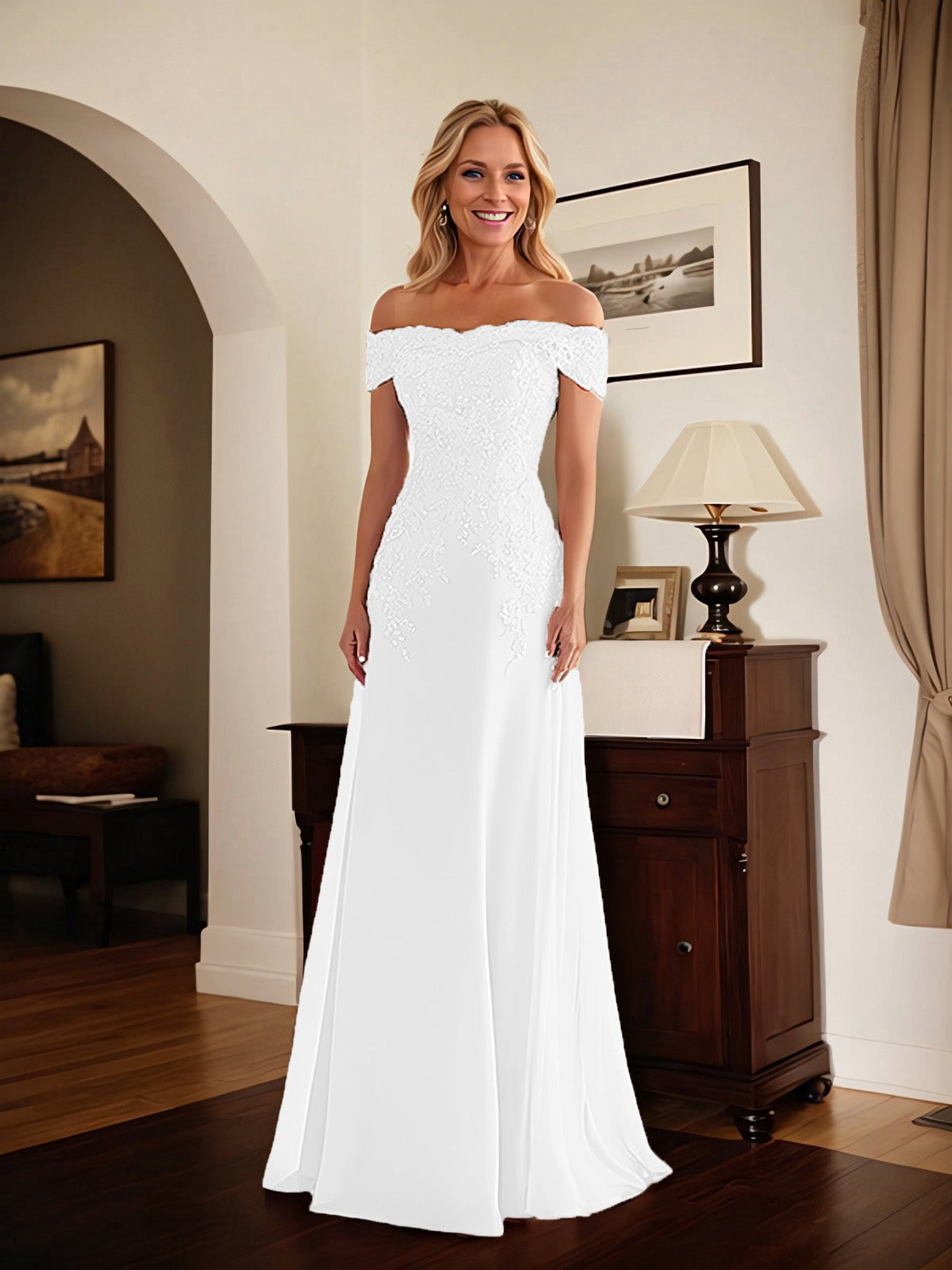 Elegant Taupe Off The Shoulder Sheath Mother of the Bride Dress with Lace