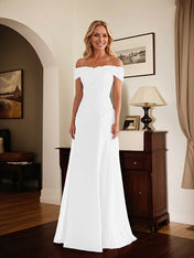 Elegant Taupe Off The Shoulder Sheath Mother of the Bride Dress with Lace