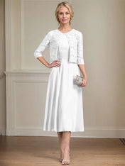 A-line Scoop Tea-Length Chiffon Mother of the Bride Dress With Pleated