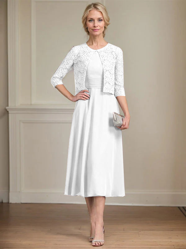 A-line Scoop Tea-Length Chiffon Mother of the Bride Dress With Pleated
