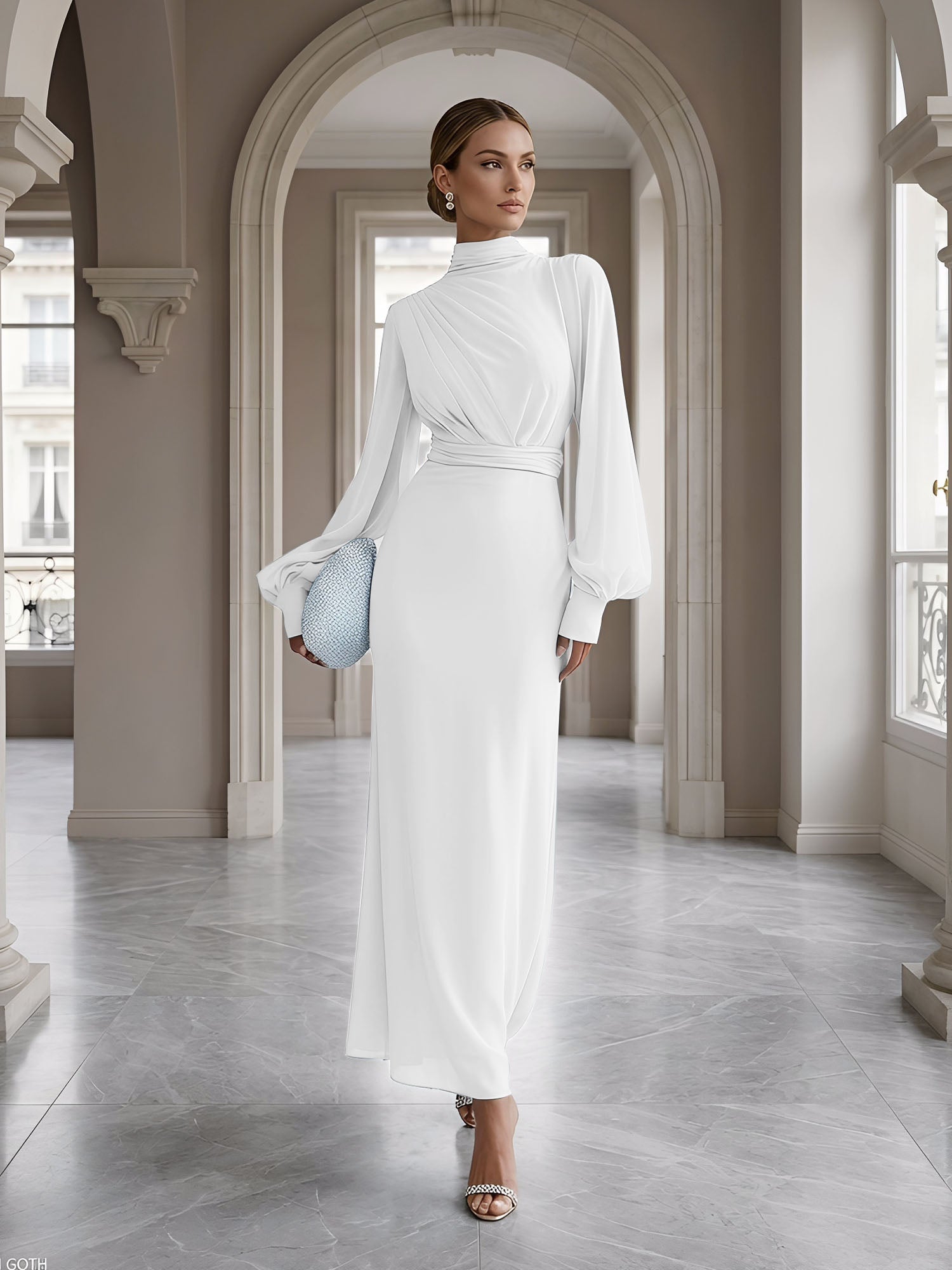 Ice Blue High-Neck Bishop Sleeve Gown Foraml Evening Dress