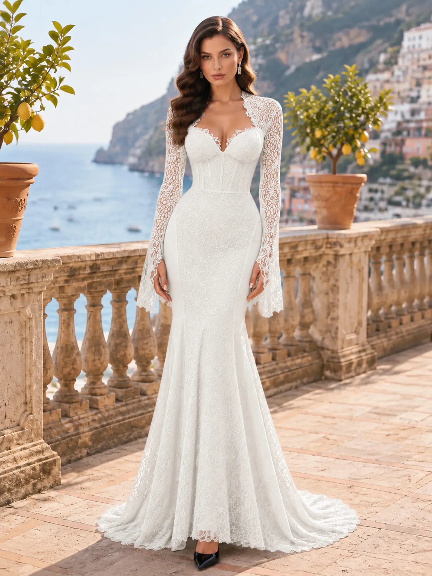 Long-Sleeve Lace-Trimmed Mermaid Evening Dress