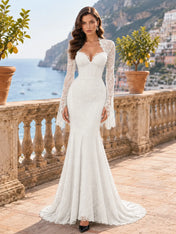 Long-Sleeve Lace-Trimmed Mermaid Evening Dress