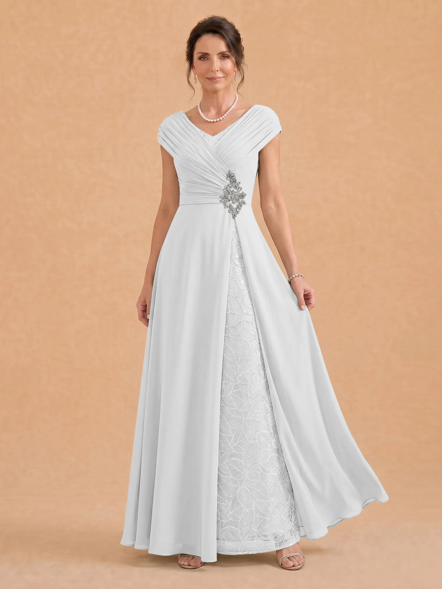 V-Neck Ruched Chiffon A-Line Mother of the Bride Dress with Crystal Brooch