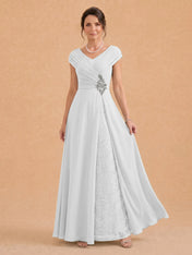 V-Neck Ruched Chiffon A-Line Mother of the Bride Dress with Crystal Brooch