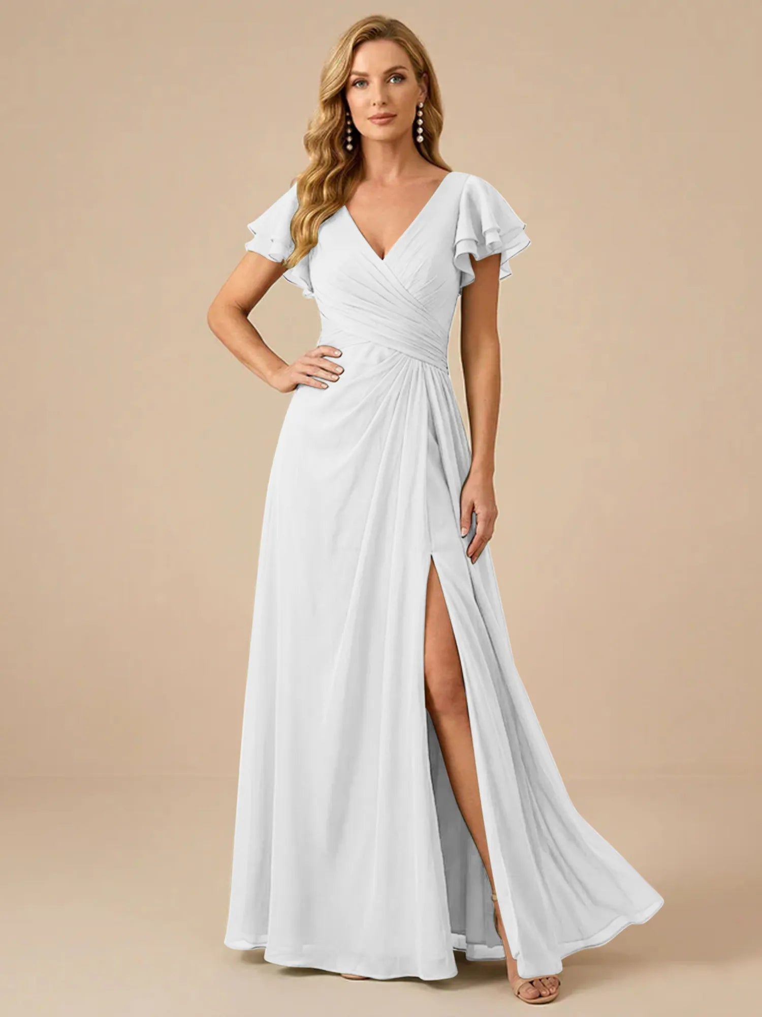 Sage Green V-Neck High-Slit Pleated Chiffon Dress