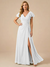 Sage Green V-Neck High-Slit Pleated Chiffon Dress