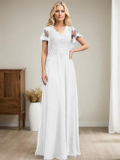 A-line V-Neck Floor-Length Lace Chiffon Mother of the Bride Dress With Sequins