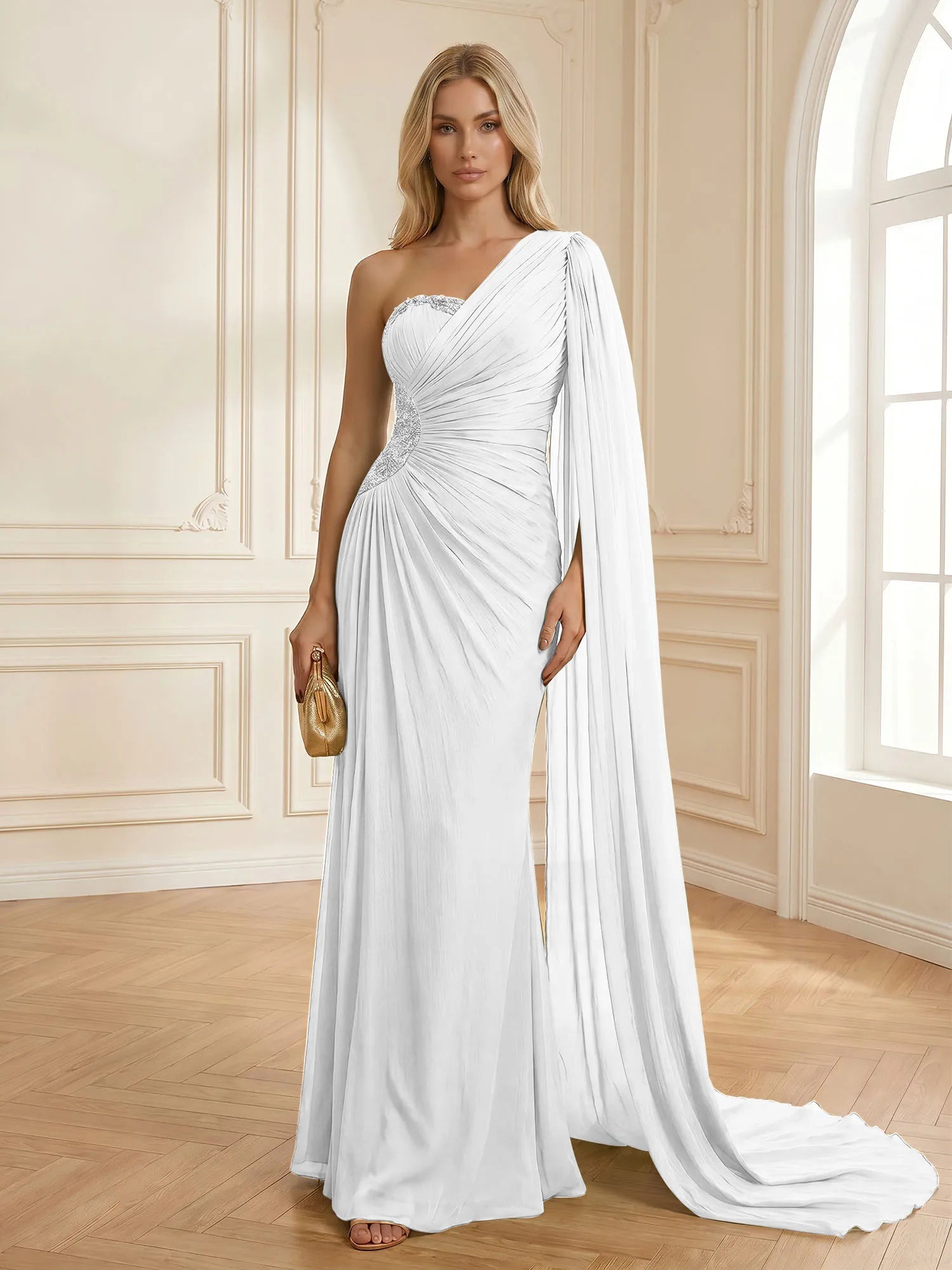 Sage Green One Shoulder Beaded Evening Gown with Cape Sleeve