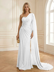 Sage Green One Shoulder Beaded Evening Gown with Cape Sleeve