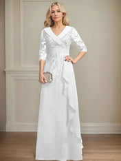 A-line Collared V-Neck Floor-Length Lace Chiffon Mother of the Bride Dress With Sequins Cascading Ruffles