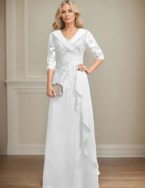 Robe de mère de la mariée trapèze, col en V, longueur au sol, en mousseline de soie et dentelle, avec volants en cascade et paillettes 